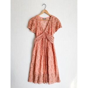 ASOS Coral Pink Floral Lace V-Neck Flutter Sleeve Empire Waist Tie Back Dress 8